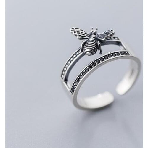 Retro 100% Authentic REAL.925 Sterling Silver Fine Jewelry Double Rows with Insect honeybee Bee Ring GTLJ1514