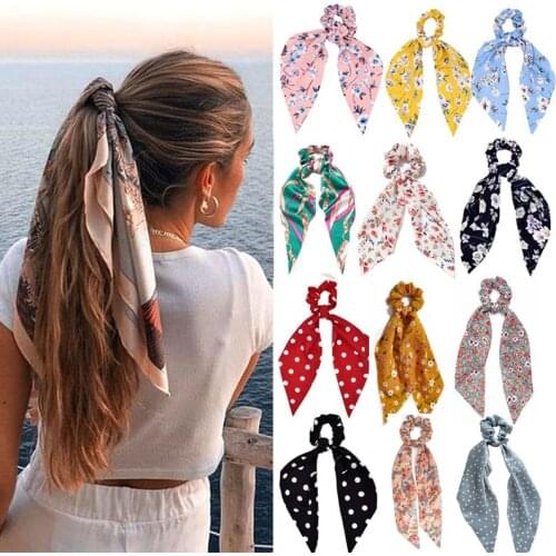 Fashion Leopard Print Bow Satin Long Ribbon Ponytail Scarf Hair Tie Scrunchies Women Girls Elastic Hair Bands Hair Accessories