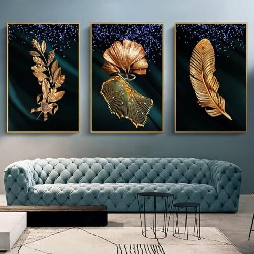Nordic Golden Luxury Canvas Painting Gold Leaf Plant Picture Home Decor Wall Art Green Posters and Prints for Living Room Design
