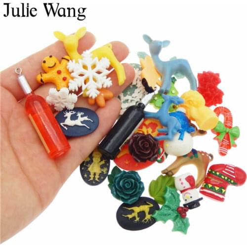 Julie Wang 30PCS Resin Christmas Charms Flatback Randomly Mix Tree Deer Flowers Cabochons Pendants Jewelry Making Accessory