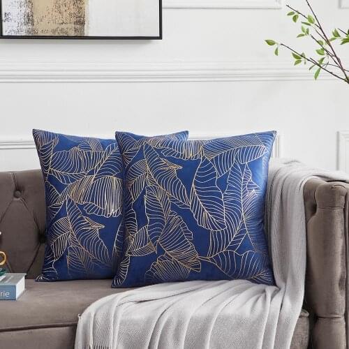 Modern Blue Sofa Cushion Covers 45x45 Velvet With Gold Leaves Throw Pillow Covers 50X50 for Couch Bed Soft Square Farmhouse