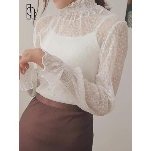 Luck A 2021 Spring Summer Women Long Sleeve Turtleneck Lace Shirt Sexy Blouse Lady Slim Blouse Perspective Mesh female Shirts