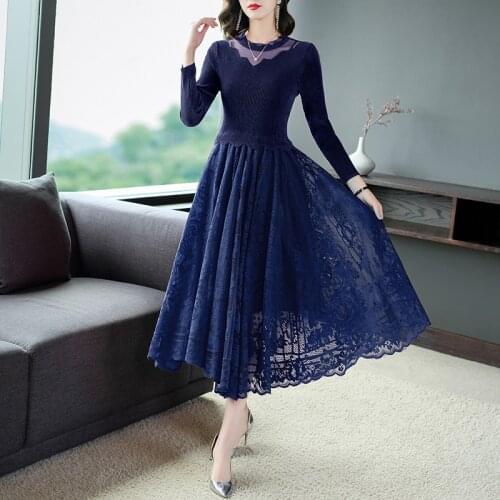 Spring Autumn Dress Sexy Lace Patchwork Long Sleeve Velvent Women O-neck Ruffle Party Dresses Fashion Casual Solid Color Clothes