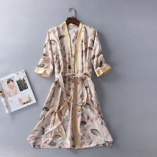 Spring Mens and Womens Silk Bathrobe Three Quarter Mulation Silk Bath Robe Dressing Gown Lingerie Robe Batas De Dormir Mujer