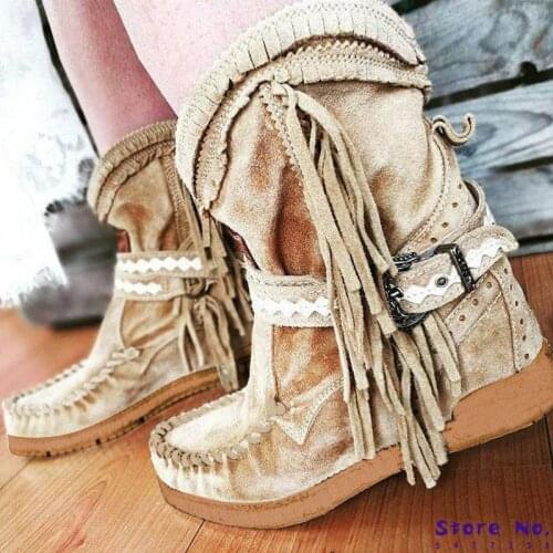 Women Ankle Boots Gladiator Flats Autumn Warm Shoes Short Booties Tassels Round Toe Buckle Strap Non-slip Shoe Botas MujerHP2709