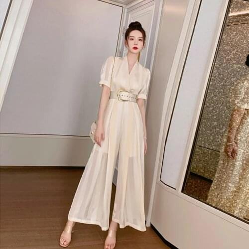 Summer Womens Solid Colors Jumpsuits Office Ladies Fashion Rompers High Waist Wide Leg Playsuits Short Sleeved With Sashes