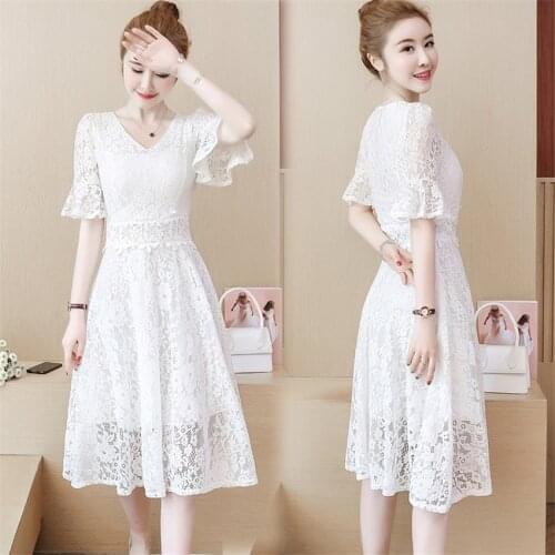 2021 Summer Dress Women Short Sleeve Lace Dress Big Size S-4XL Dress Elegant Lady Long V-neck Party Dresses Vestidos платье 1404