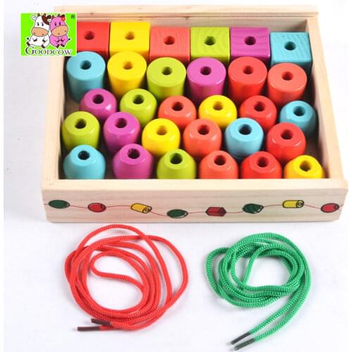30PCS Large Particles Beads Rope Beaded Games Baby Wooden Toys Educational Montessori Wood Blocks Daycare Children DIY Bead Toys