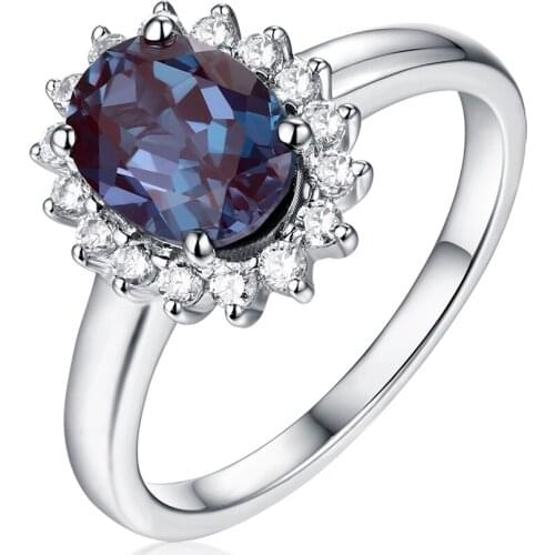 925 Silver Alexandrite Ring Halo Oval Cut Prong Setting Romantic Promise Wedding Rings for Women Anniversary Gift
