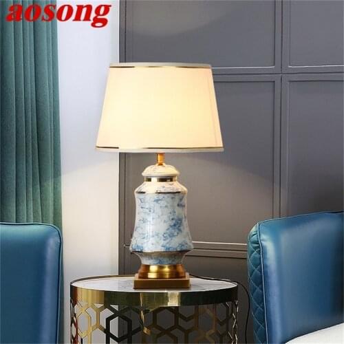 AOSONG Ceramic Table Lamps Blue Brass Desk Light Modern Luxury Fabric Decorative for Home Living Room Dining Room Bedroom