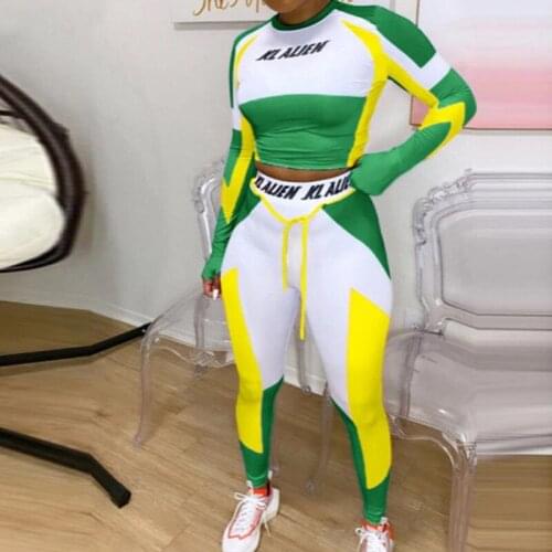 Newest Arrival Women Ladies Sports Fitness Casual Suit Contrast Color Round Neck Long Sleeve Pullover Elastic Slim Pencil Pants