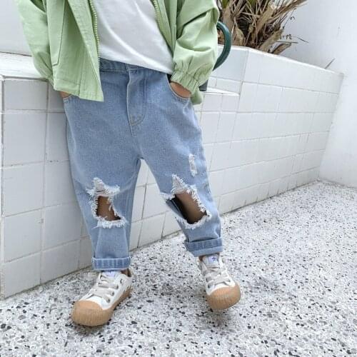 Kids Jeans Fashion Spring Korean Hole Trousers for Girl 2 3 4 5 6 Years Toddler Boy Pants Casual Elastic Waist Girls Denim Pants