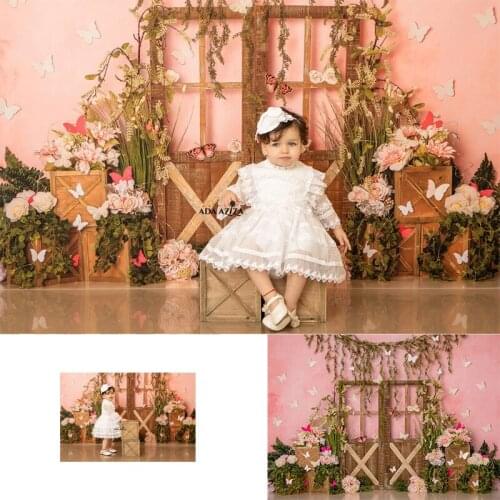 Newborn Floral Rustic Wood Portrait Backdrop for Photography Pink Wall Butterfly Spring Floral Children Background Birthday Cake