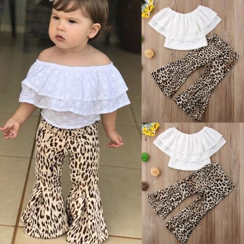 2Pcs Girl Clothes Set Toddler Baby Girl Lace Top Ruffles T-shirt Leopard Wide Leg Flared Bell Pants Lovely Girl Outfits Set