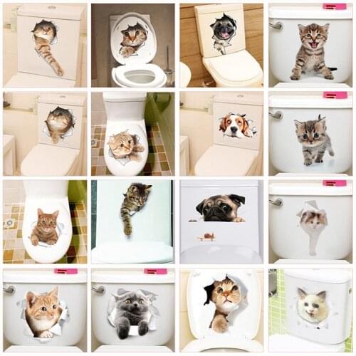 Cute Cat Dog Toilet Stickers Home Decoration Diy Funny Cartoon Animal Wc Mural Art Vivid 3d Kitten Puppy Safari Pvc Wall Decal