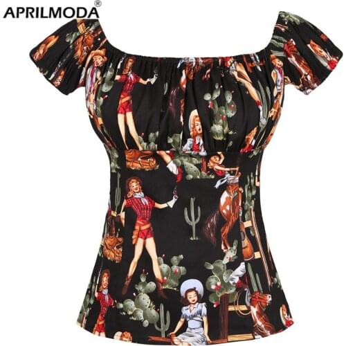 Fashion Floral Western Girl Print 50s Cotton Vintage Blouses Women V Neck Short Sleeve Female Office Work Wear Shirts Chic Tops