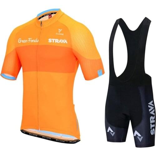 2020 New Orange STRAVA Pro Cycling Team Short Sleeve Maillot Ciclismo Mens Bike Riding Suit Summer Breathable Bike Suit Set