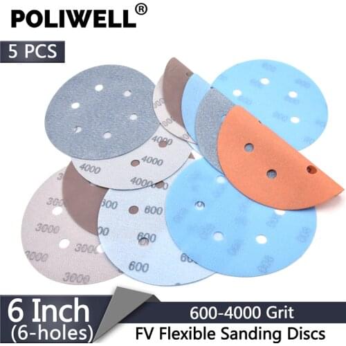POLIWELL 5Pcs 150mm Multi-holes FV Soft Sanding Discs 600~4000 Grit Waterproof Sandpaper for Wet/Dry Polishing Paint Decorating