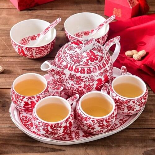 Chinese paper cut wedding gift ceramic festive tea set teapot teacup set Chinese tray new couple toast tea cup