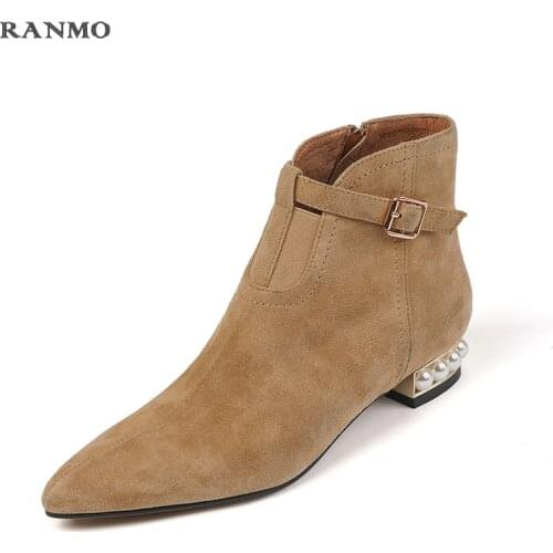 New Spring and Autumn French Elegant Pearl Heel Nude Boots Womens Shoes Low Heels Pointed Toe Tassel Boots Fashion Ladies Boots