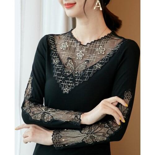 2021 Autumn Winter Long Sleeve Womens T-Shirt Embroidered Long-sleeved Bottoming Shirt Knitted Cotton Stretch Plus size Tops