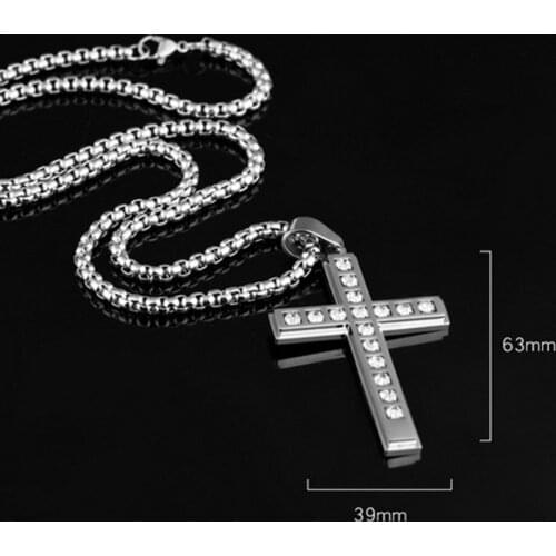 Boyfriend Gift 316L Stainless Steel Silve Cross Crucifix With Drill CZ Pendant Necklace Mens Womens Box Chain Punk Xmas Gift 24"