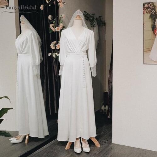 Simple Elegant Wedding Dresses Floor Length Long Sleeve Soft Satin Bridal Gowns Korea Fashion Wedding Gowns DW419