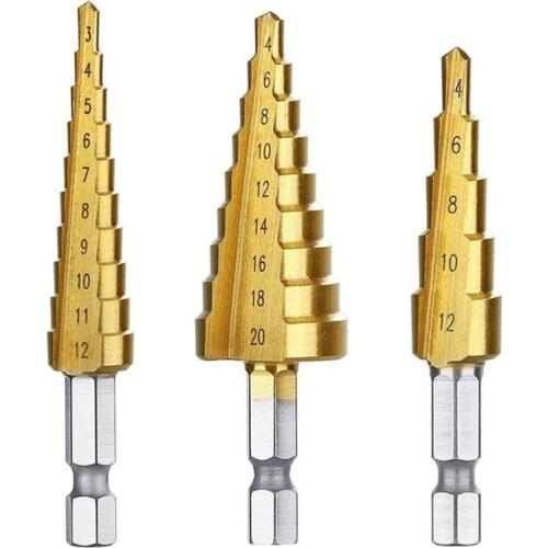 Step Drill 3pcs Cone Drill Bit Set 3-12/4-12/4-20 mm Titanium Tipped Step Cone Drill 13 Steps Hex Shank HSS Tool Kit