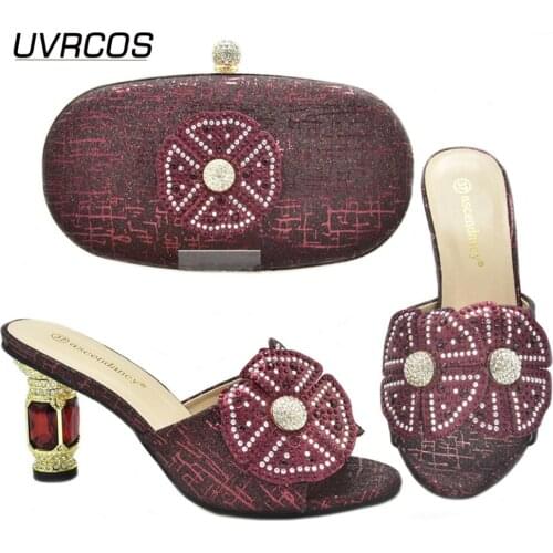 Italian Design 2021 African Fashion Fullness of Crystal Mixing Metal Style Wine Color Party Wedding Women Shoes and Bag Set