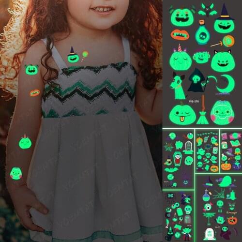 Luminous Translation Temporary Tattoo Sticker Ghost Face Pumpkin Light Cute Halloween Candy Skull Glitter Night Glow Tatto Kids