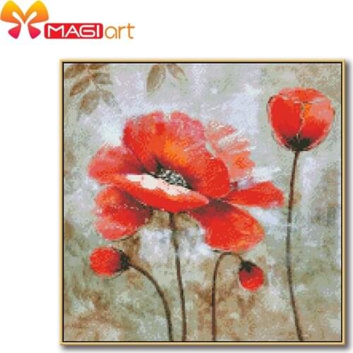 Cross stitch kits Embroidery needlework sets 11CT water soluble canvas patterns 14CT Floral style Red flower-NCMF217