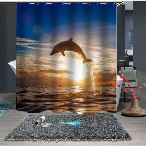 Custom Made Shower Curtain Bathroom Curtain Partition 1.5 x 1.8m 1.8 x 1.8m 1.8 x 2m Sea Dolphin Sunset Sky Blue