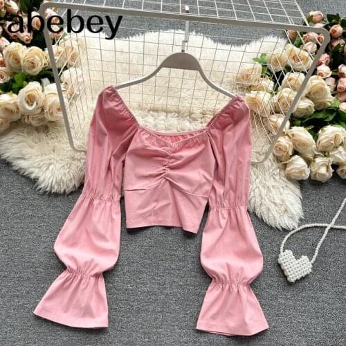 Women Bohemian Solid Blouse Korean Style Sweet Square Collar Slim Short Tops Spring Elastic Ruched Streetwear Blouses