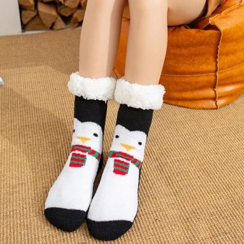 Women Christmas Fuzzy Plush Lined Slipper Socks Cartoon Santa Snowman Reindeer Home Floor Non Skid Thermal Hosiery with Grippers