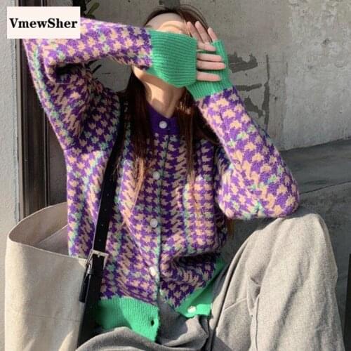 VmewSher New Chic Houndstooth Knitted Cardigan Women Sweater Coat Long Sleeve Purple Tops Spring Autumn O Neck Plaid Outwear