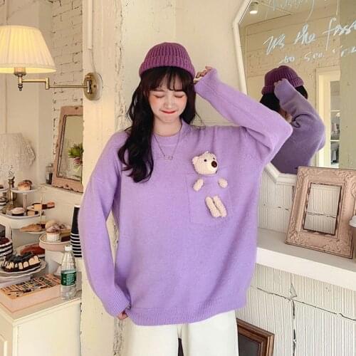 2021 New Spring Fashion Knitted Girl Pullover Top Cute bear ladies knitted Sweater Autumn Warm Knitt Round Neck Sweater Jumper