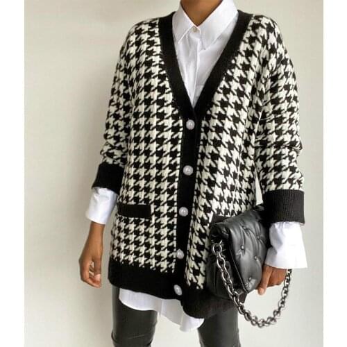 Autumn Winter Women V Neck Button Black Houndstooth Cardigan Long Sleeve Knitted Sweater Oversized Cardigan Free Shipping