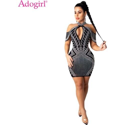 Adogirl Women Sexy Diamonds Bodycon Mini Dress Deep V Neck Hollow Out Short Vestidos Night Club Party Fashion Slim Robes