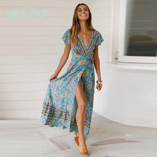 Retro Floral Print Dresses Bohemian Long Sleeve Womens Maxi Dresses Vintage Sunflower Sundress V Neck Beach Boho Vestidos