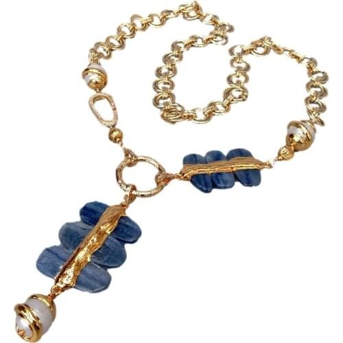 Y·YING natural Freshwater Cultured White Keshi Pearl Blue Kyanite Gold Plated Chain Necklace 25"