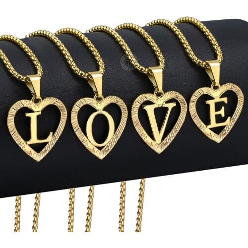 Heart Love Shaped Initial Letter A-Z Pendant Necklace for Women Girl Stainless Steel Chain Link Gold Pendant Jewelry GPM25A