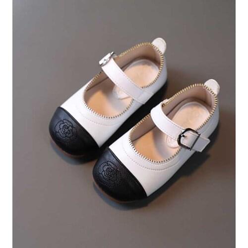 Kids Splicing Shoes Girl Buckle Flower Princess Shoes 2021 Baby Child Soft Sole Non-slip Mary Jane Shoe Size 21-30 Black White