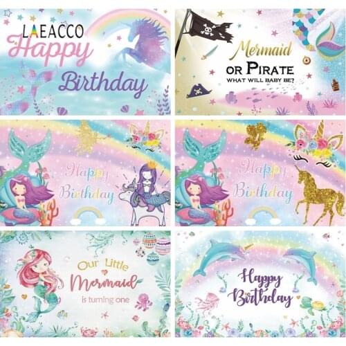 Laeacco Little Mermaid Princess Unicorn Rainbow Dolphin Baby Birthday Photography Backgrounds Photo Backdrops For Photo Studio