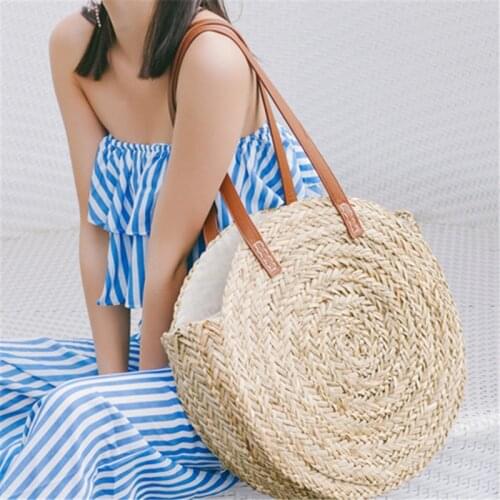 Fashion Round Straw Bags Rattan Women Shoulder Bags Casual Wicker Woven Handbags Moroccan Palm Basket Beach Bag Summer Big Tote