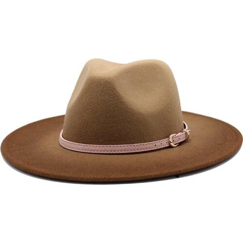 2020 Newly 2-color gradient Men Wool Jazz Fedora Hat With Leather Ribbon Gentleman Elegant Wide Brim Church Panama Formal Cap