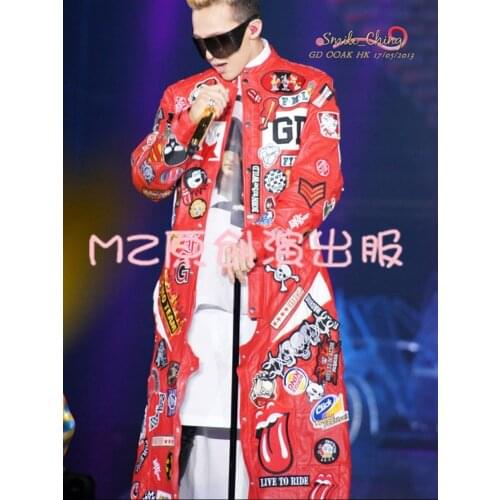 S-xxxl !mens Red Fabric One Piece Leather Coat Men Brand Singer Stage Costumes Trench Costumes Clothing