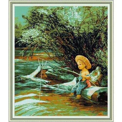Fishing Boy cross stitch kit aida 14ct 11ct count print canvas cross stitches needlework embroidery DIY handmade