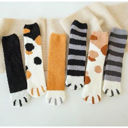 Cute Coral Fleece Footprint Lady Mid-Calf Length Socks Autumn Kawaii Winter Cat Paw Thicken Warm Sleep Floor Fashion Women Socks