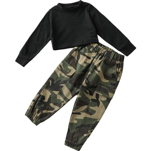 New 2Pcs Kids Autumn Tracksuit, Solid Color Round-Neck Long Sleeves Tops + Camouflage Elastic Waist Pants for Girls, 1-6 Years