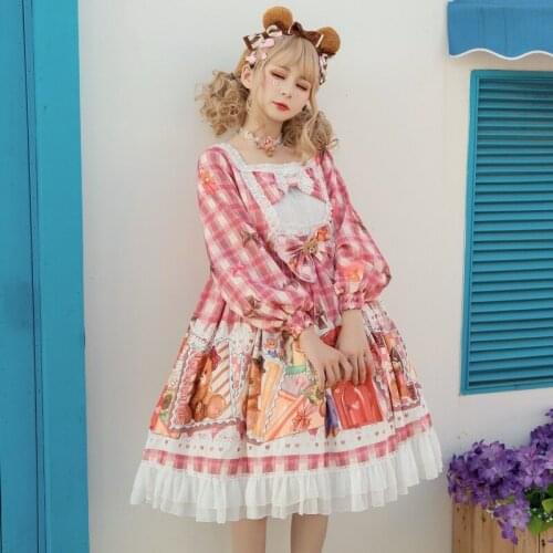 Original cartoon printing lolita dress lo loli OP princess style long sleeve square neck bowknot ruffled lolita sweet dress y895